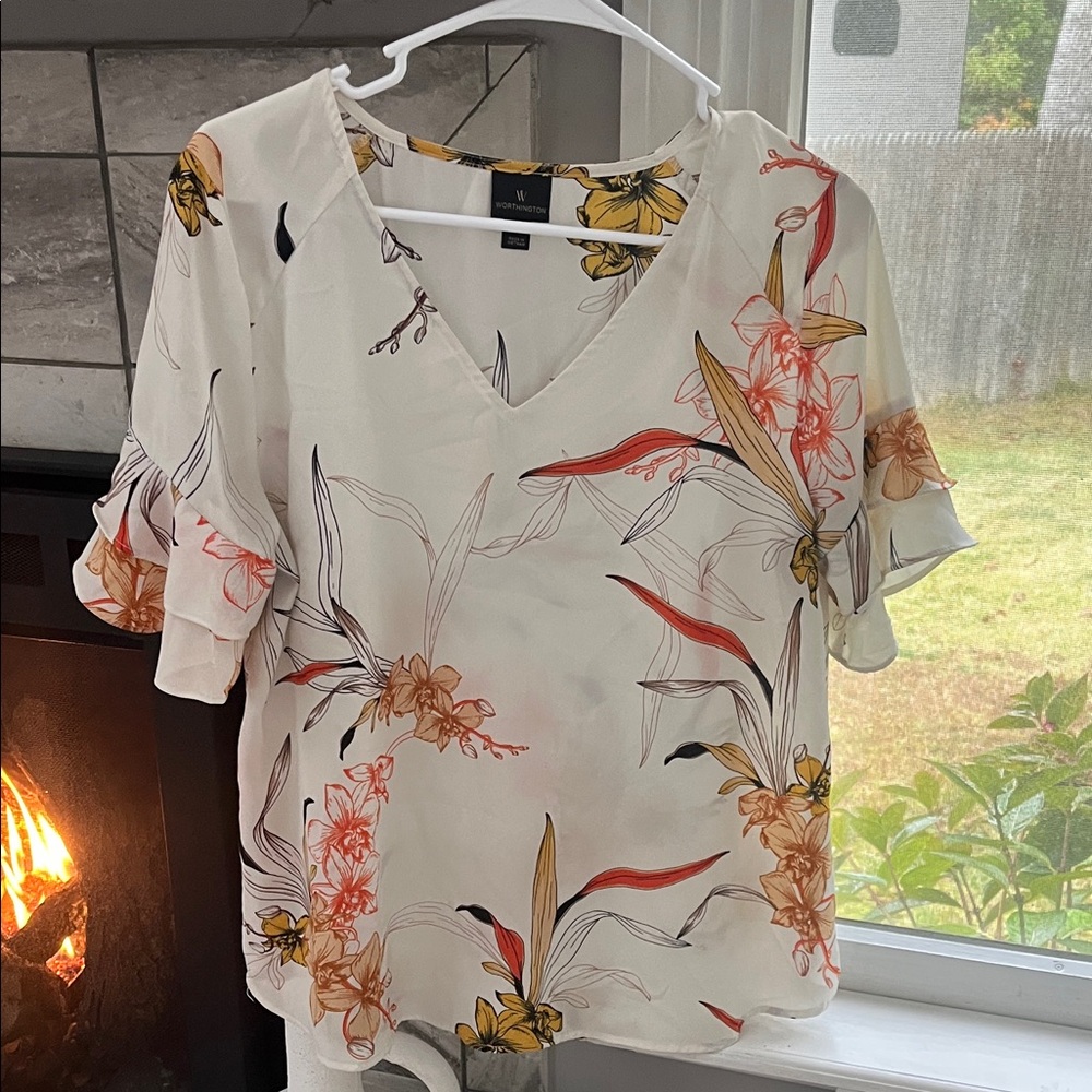Worthington Floral V-Neck Blouse - Cream and Orange
